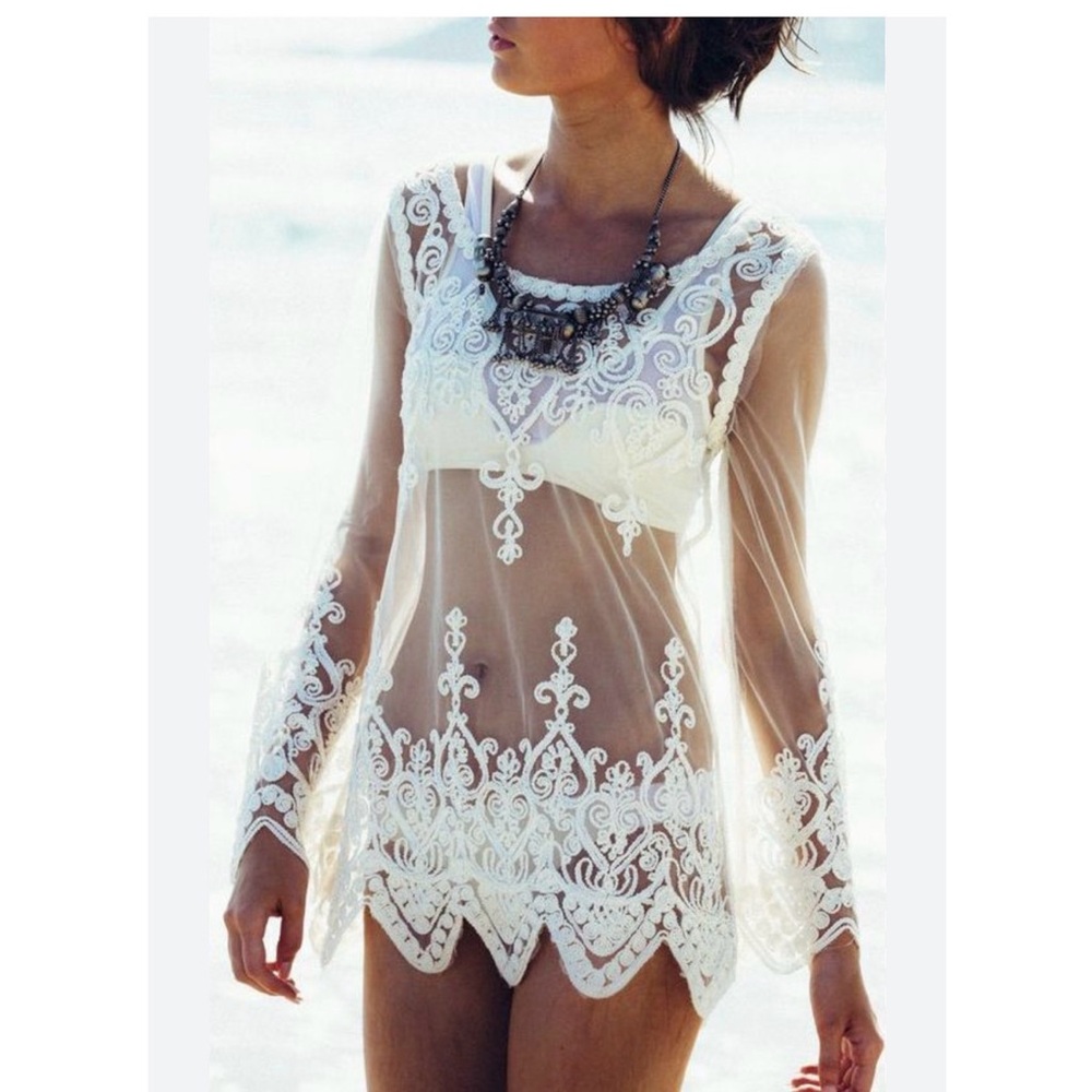 Women's White Lace Sheer Swim Cover-Up